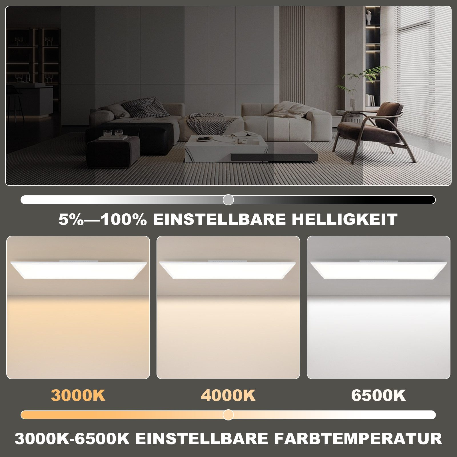 Modernes Wohnzimmer mit anpassbarem Licht. Helligkeit und Farbtemperatur sind einstellbar.