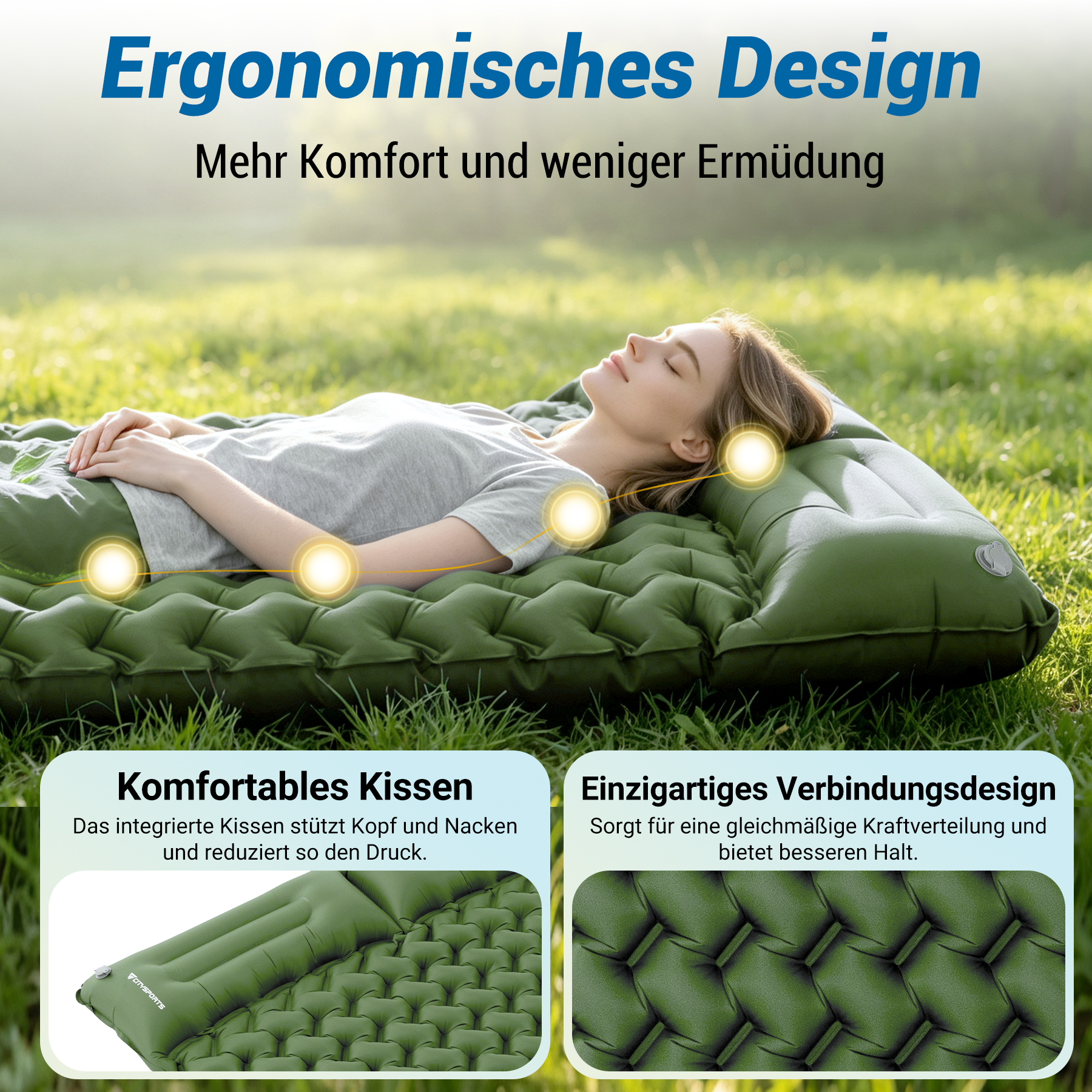 Frau liegt auf einer grünen Isomatte im Gras. Ergonomisches Design hervorgehoben.