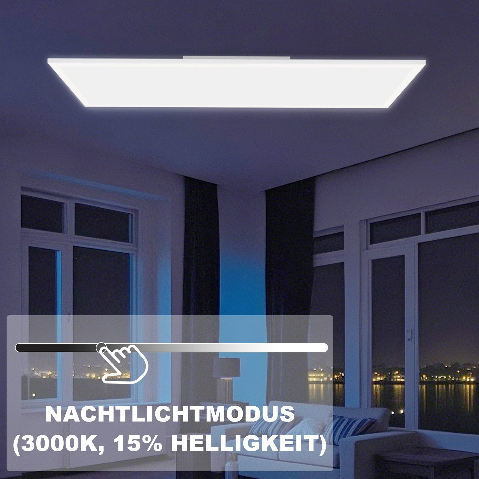 Deckenleuchte im Nachtlichtmodus mit 15% Helligkeit, 3000K.
