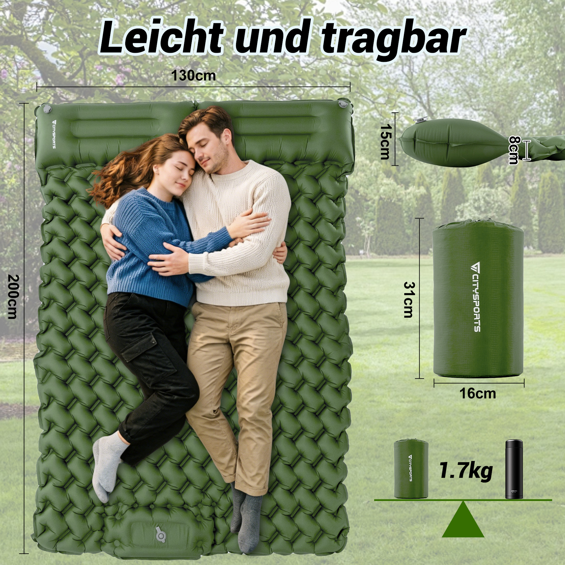 Ein Paar schläft auf einer grünen Luftmatratze. Maße sind angegeben.