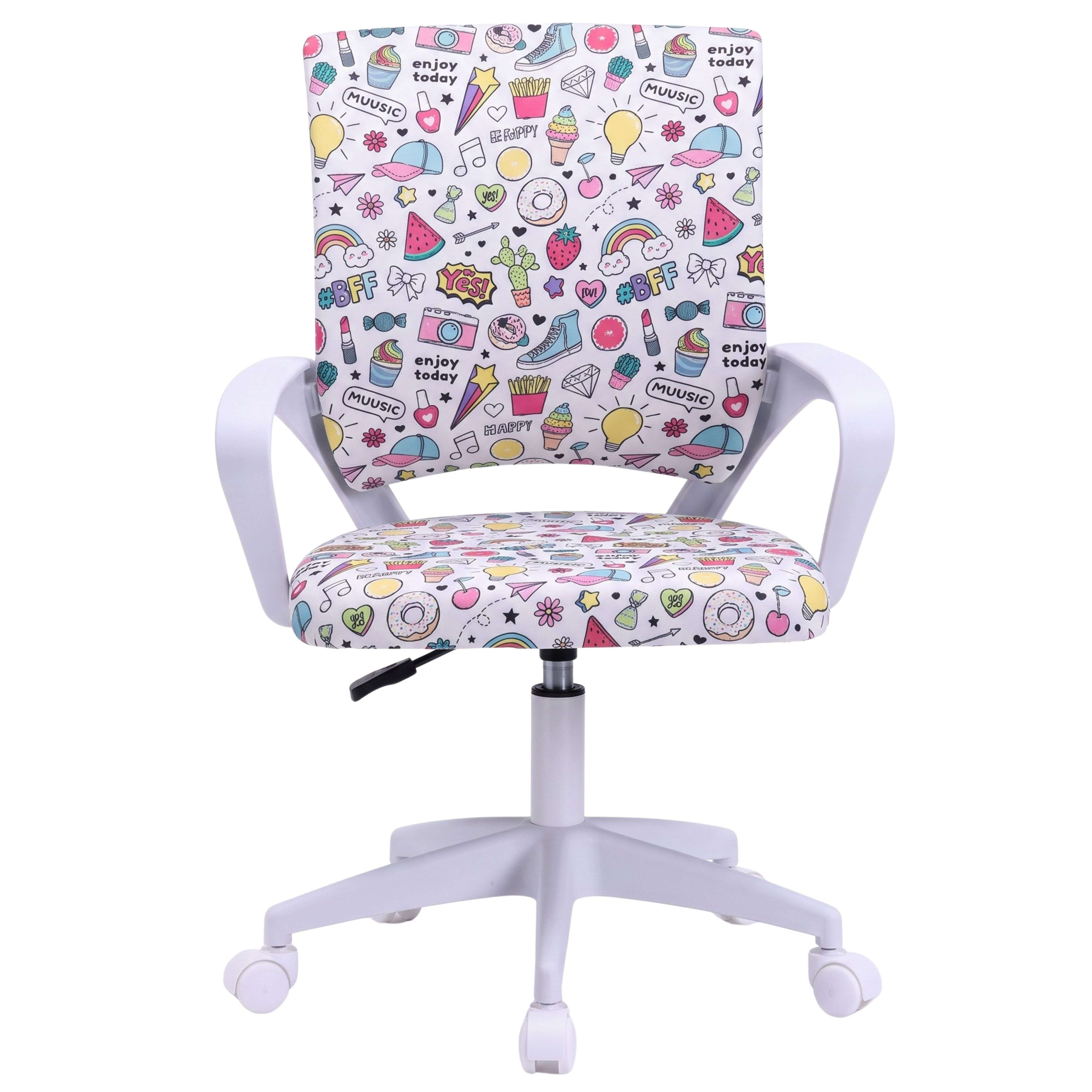 Una silla de oficina blanca con motivos coloridos y juguetones como helados, frutas y cámaras.