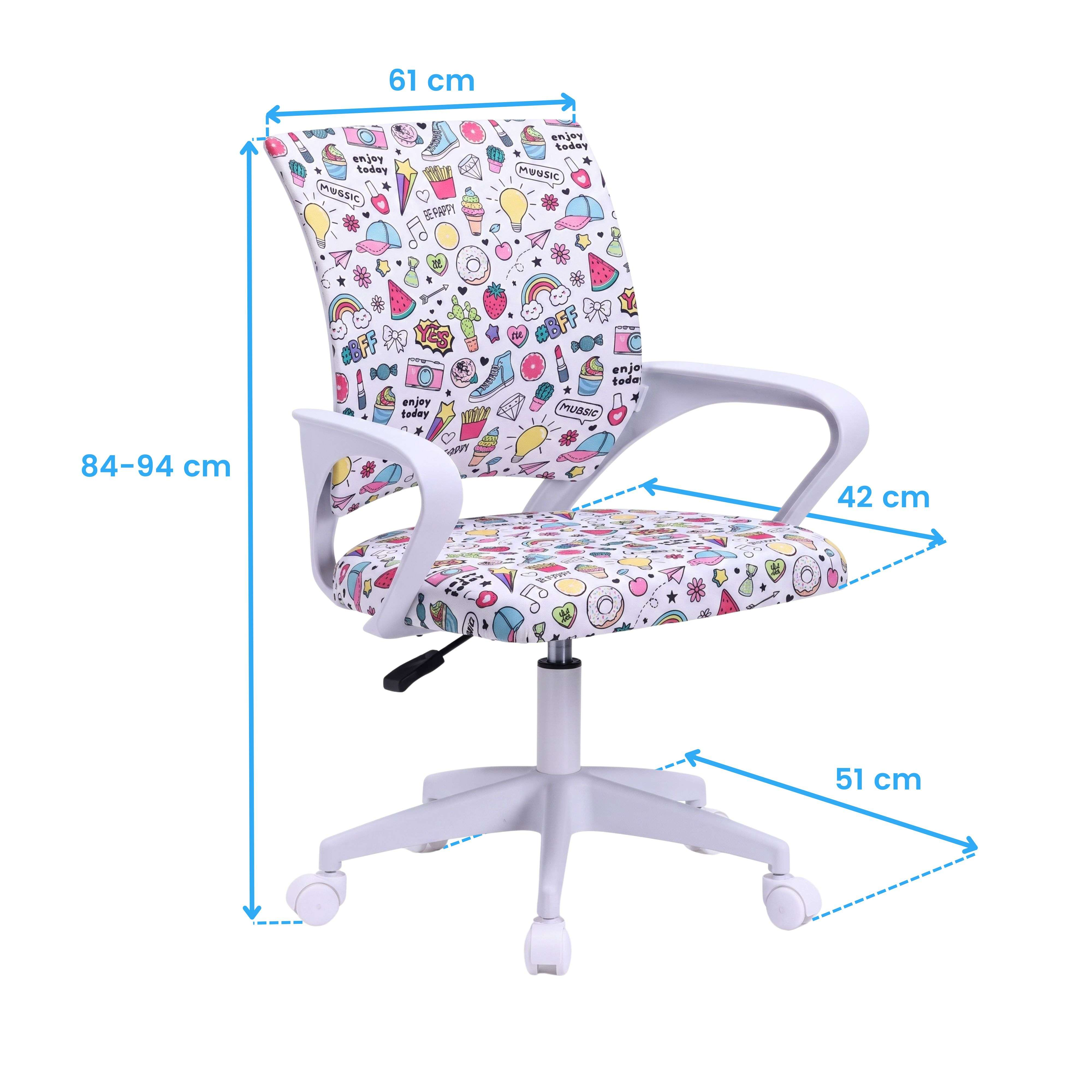 Una silla de oficina blanca con un patrón colorido de helados, donas y símbolos musicales.