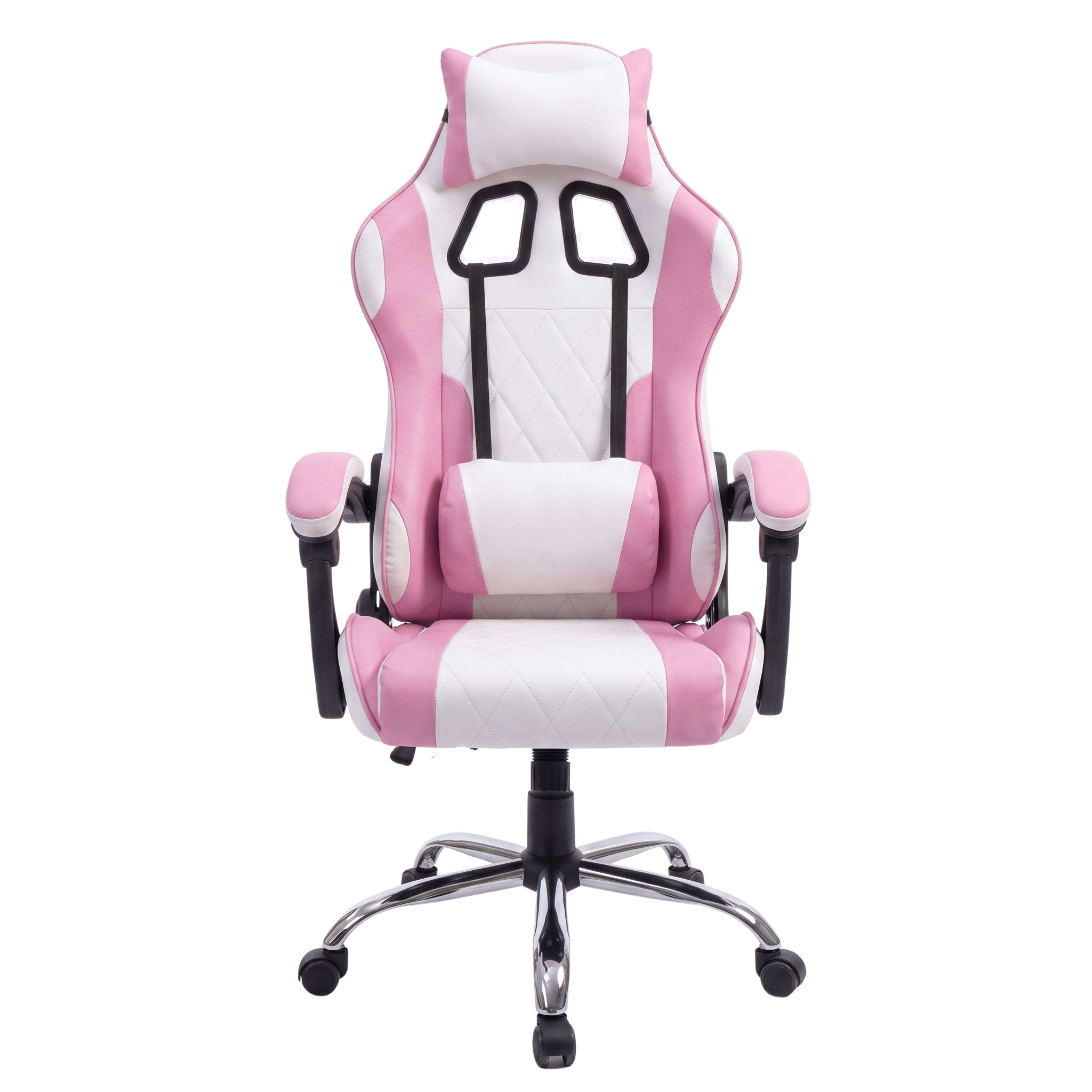 Una silla gamer rosa y blanca con reposacabezas y cojín lumbar.