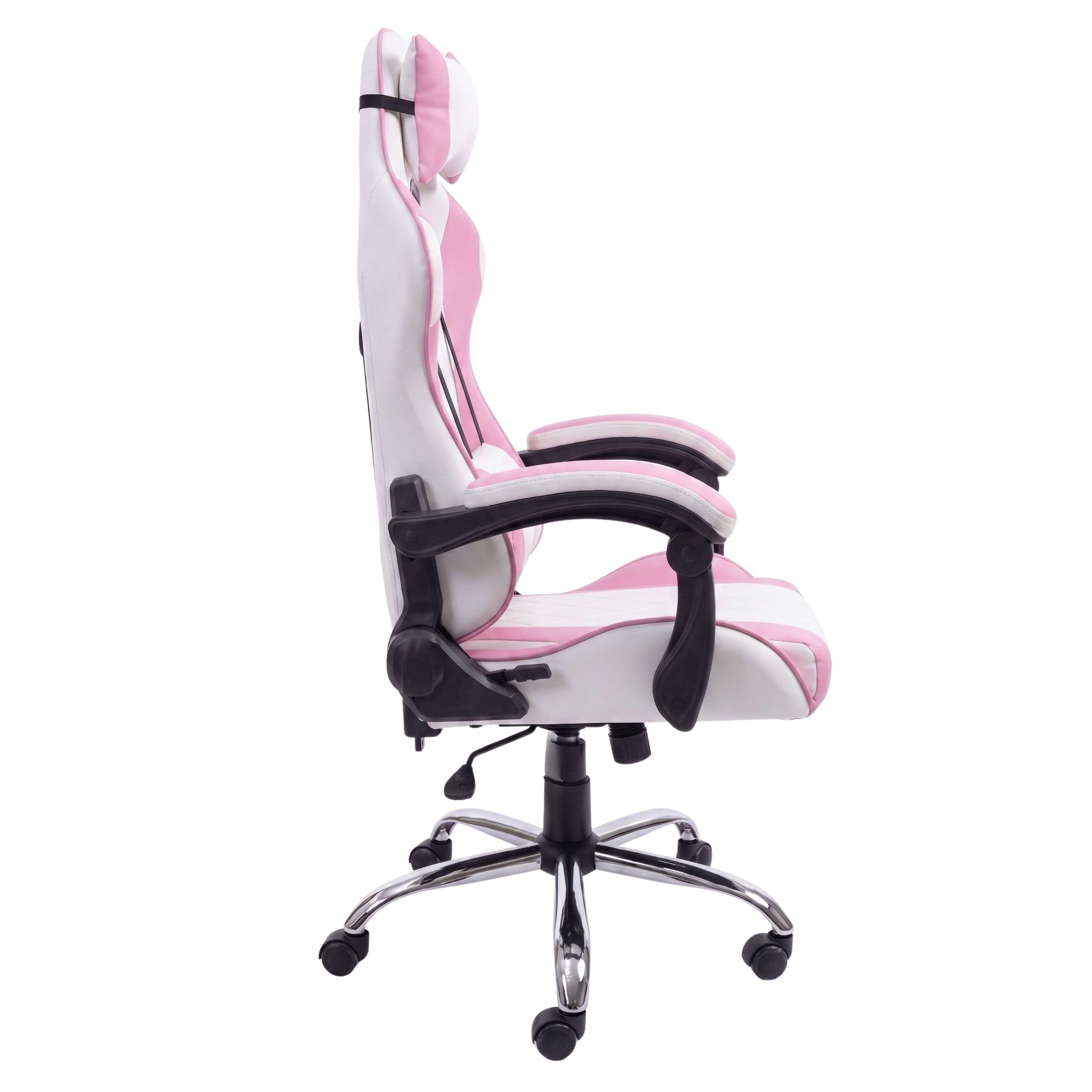 Una silla gamer blanca y rosa con base cromada y ruedas.