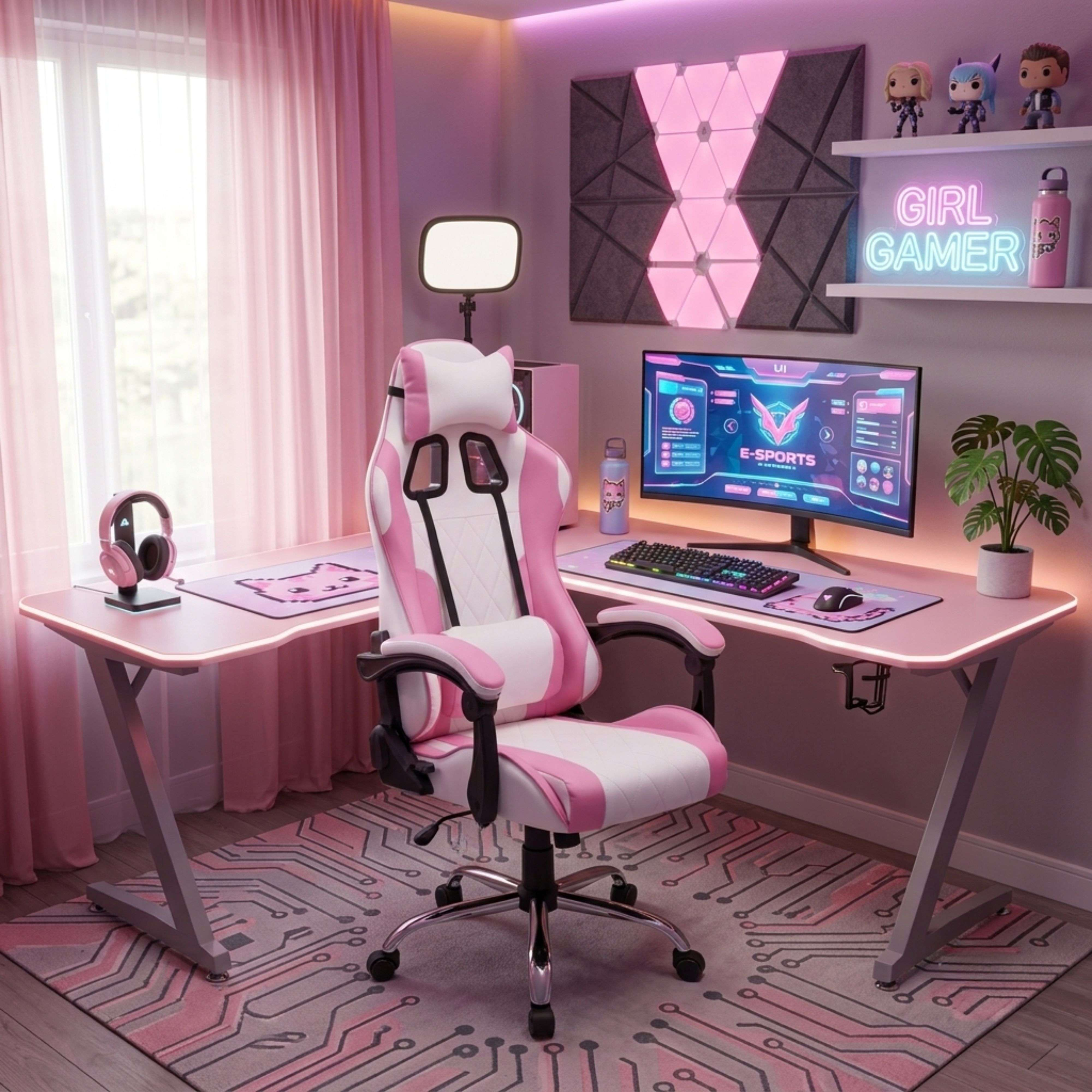 Una habitación gamer rosa con escritorio, silla, computadora y decoración.