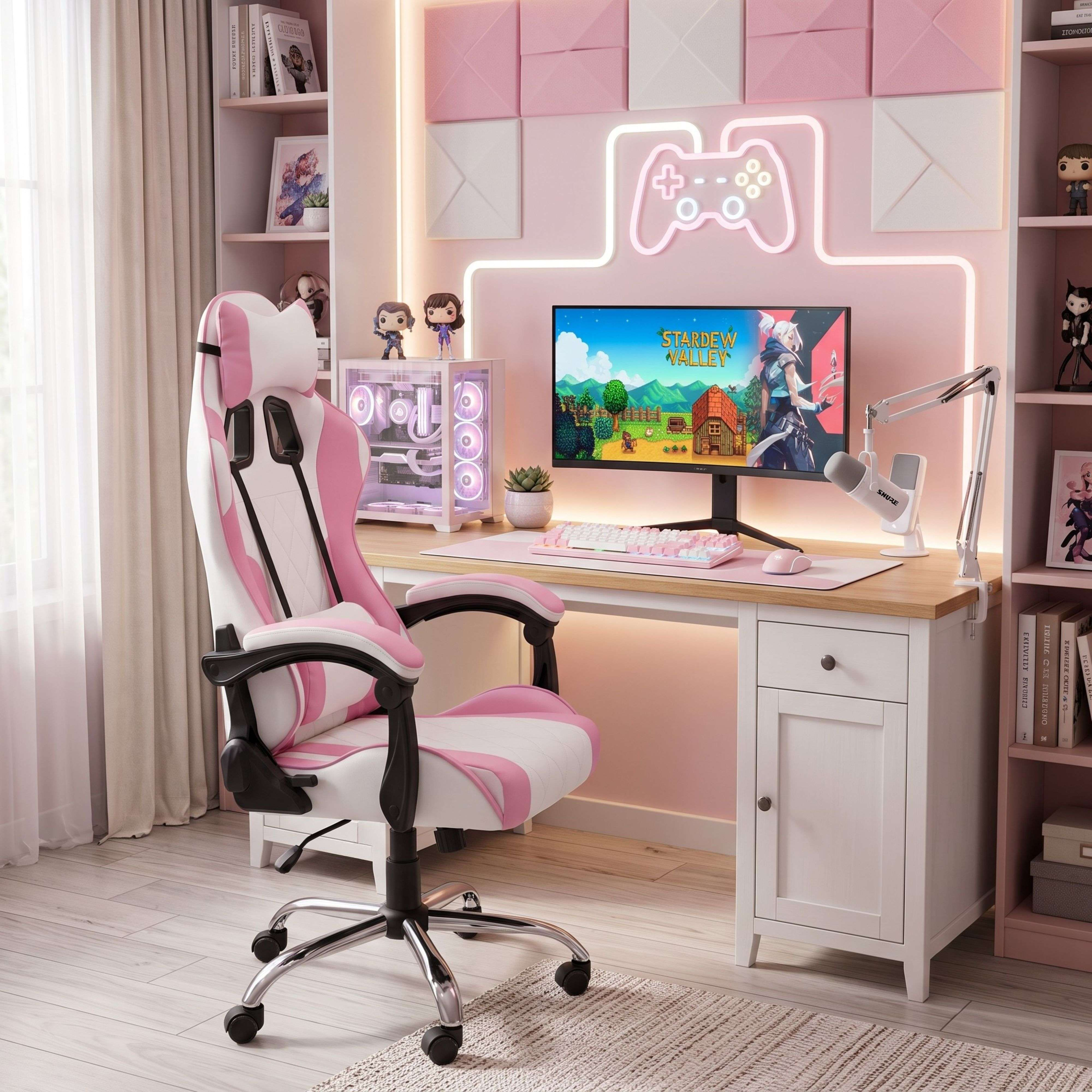 Un escritorio de juegos rosa y blanco con PC, micrófono y silla.