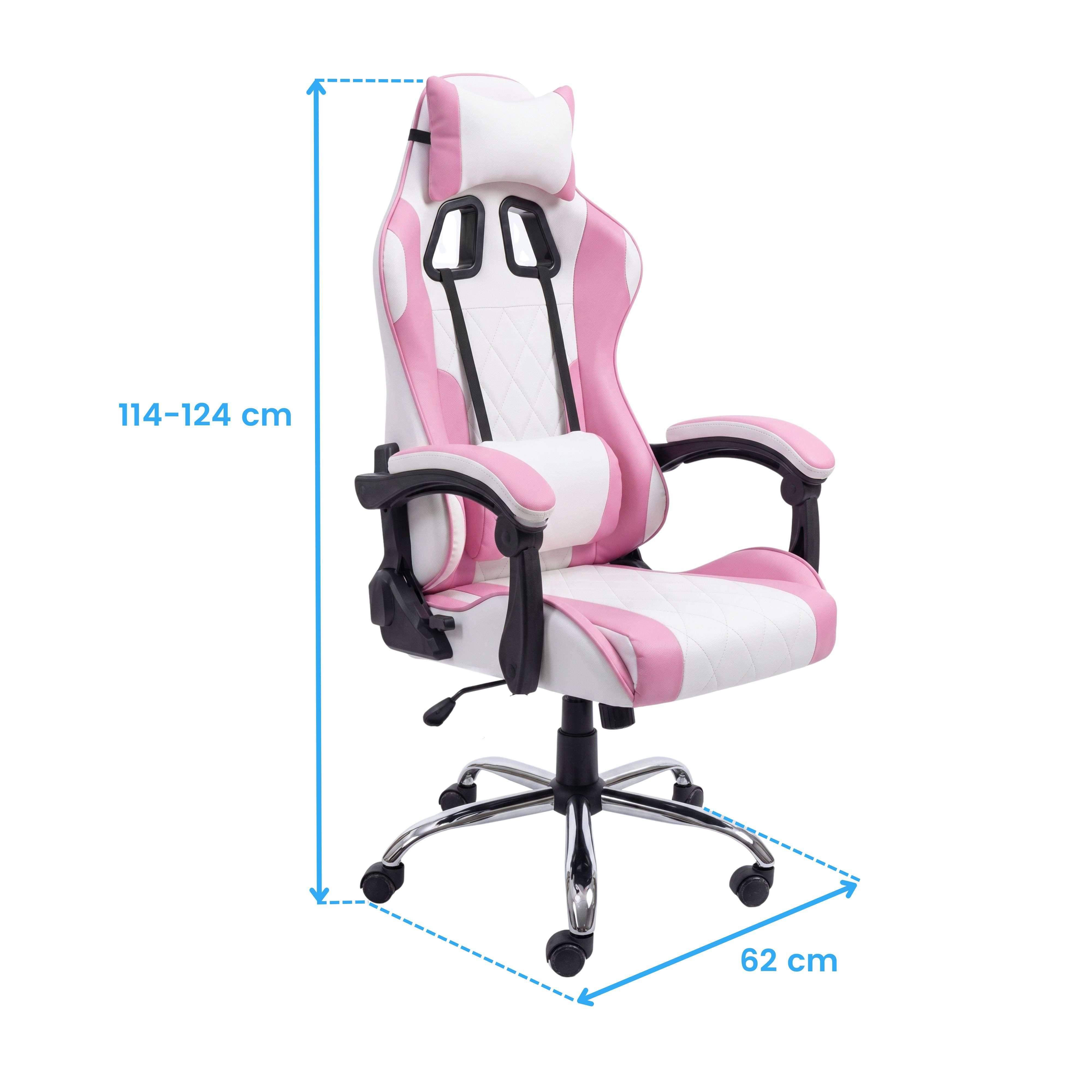 Silla gamer blanca y rosa con dimensiones de 114-124 cm de alto y 62 cm de ancho.