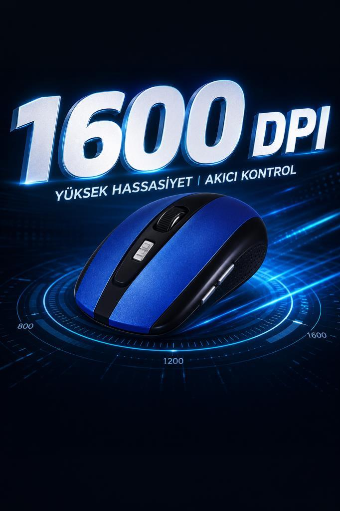 1600 DPI yazılı, turkuaz ışık efektli mavi ve siyah fare.