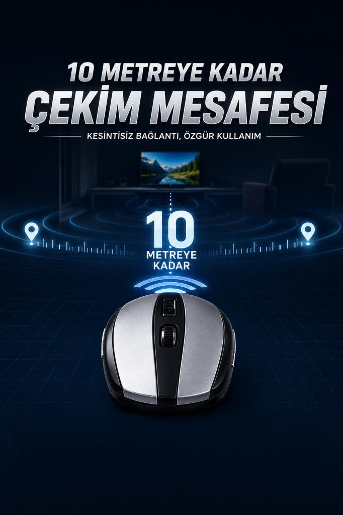Gümüş fare, '10 Metre Çekim Mesafesi' yazılı, karanlık zeminde.