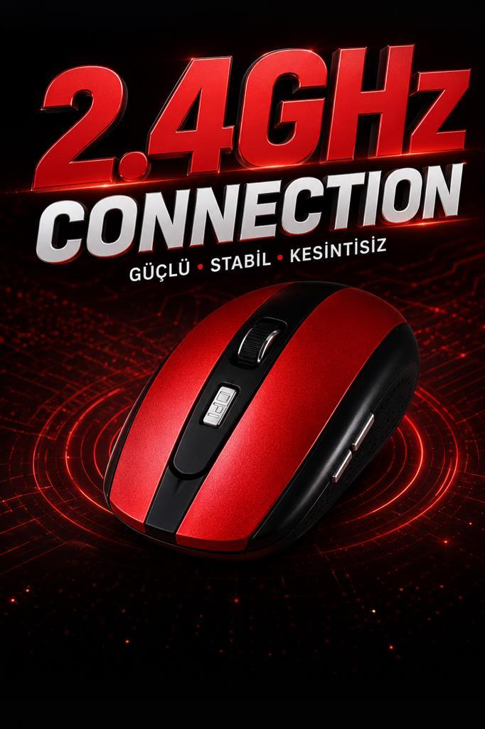 Kırmızı ve siyah 2,4 GHz kablosuz fare DPI düğmeli, koyu arka plan üzerinde.