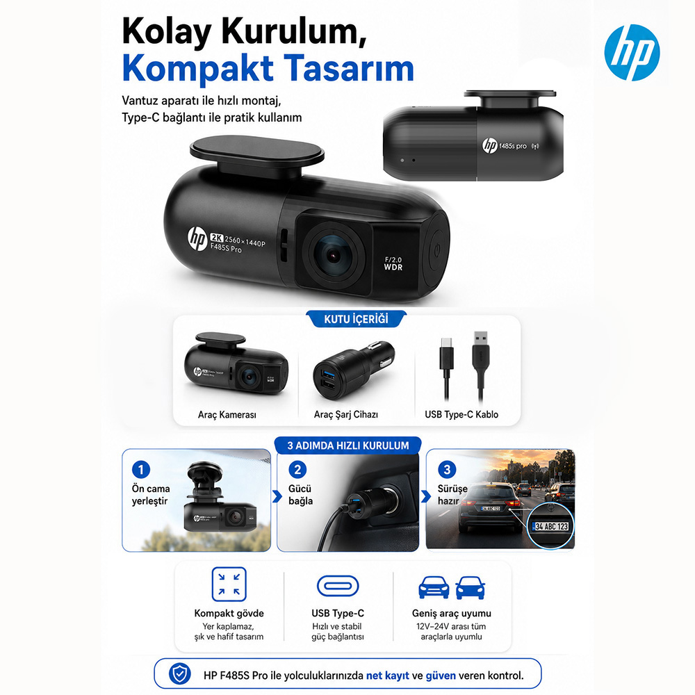 HP F485S Pro Araç Kamerası: Kolay kurulum, USB-C, 2K çözünürlük.