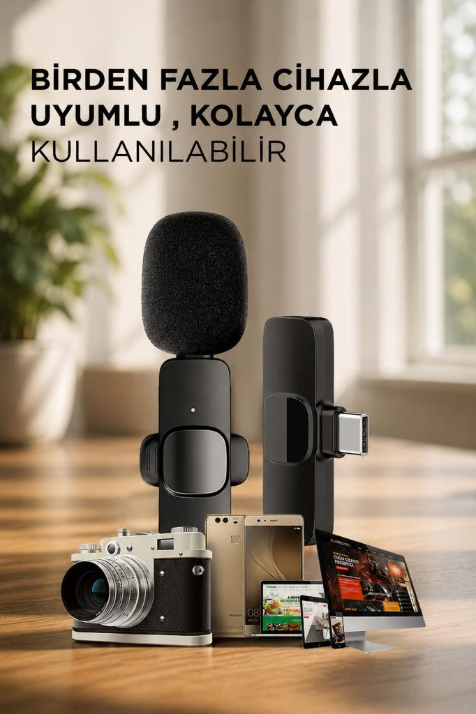 İki siyah mikrofon, kamera, akıllı telefonlar, dizüstü bilgisayar ve masaüstü ekranı ahşap masada.