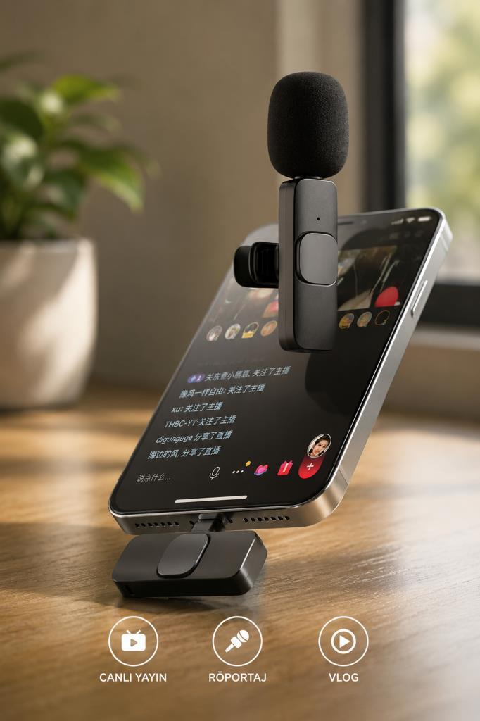 Ahşap bir masada mikrofon ve aksesuarlara sahip bir akıllı telefon. Altında canlı yayın, rapor ve vlog simgeleri bulunur.