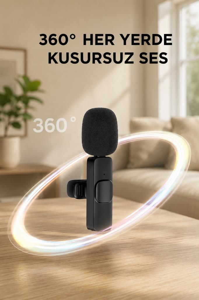 Ahşap bir masanın üzerinde köpük ön camlı siyah yaka mikrofonu.