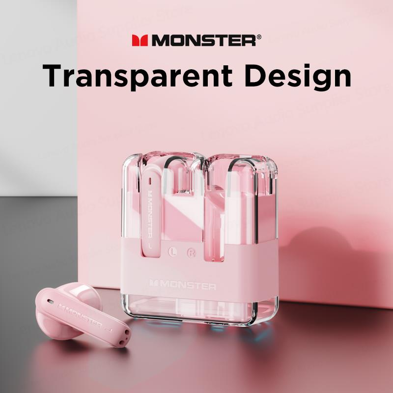 Pembe Monster kulaklıklar ve pembe-gri arka planda şeffaf şarj kutusu.