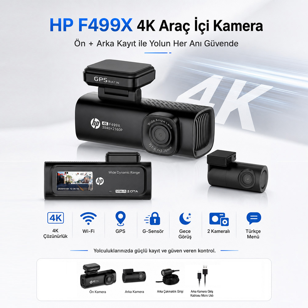 HP F499X 4K araç kamerası ön ve arka kamera, GPS ve gece görüşlü.