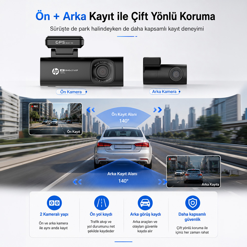 Çift kameralı: Ön ve arka kameralar 140° görüş alanıyla kapsamlı koruma sağlar.