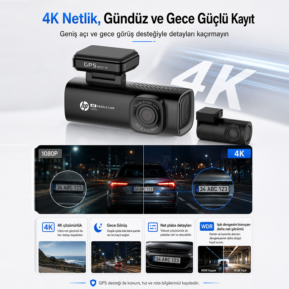 4K araç kamerası: GPS, gece/gündüz görüşü, WDR, net plaka kaydı.