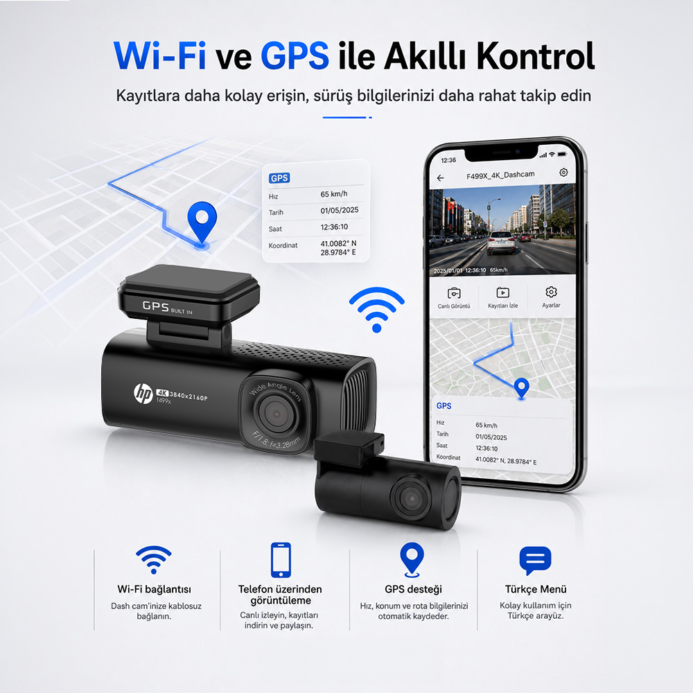 GPS ve Wi-Fi özellikli araç kamerası ve yanında verileri gösteren akıllı telefon.