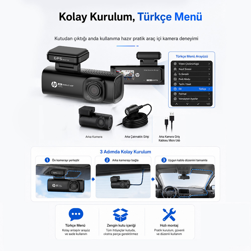 Görüntüde aksesuarları ve Türkçe kurulum kılavuzu ile bir araç kamerası bulunmaktadır.