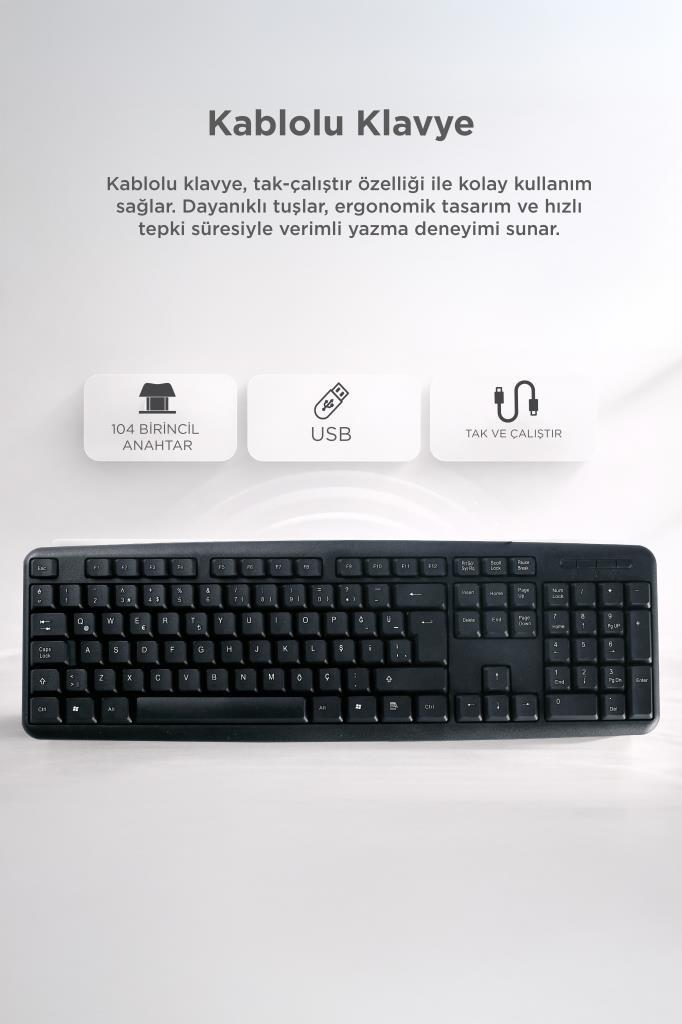 Siyah kablolu USB klavye, 104 tuşlu, tak-çalıştır.