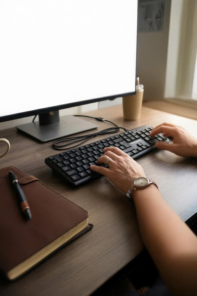 Bir kişi klavyede yazıyor, masada monitör ve defter bulunuyor.