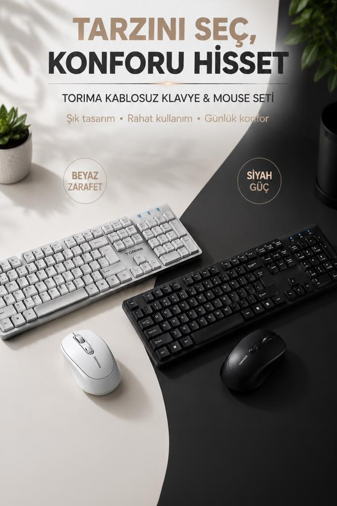 Bölünmüş bir zeminde beyaz ve siyah klavye ve fare seti.