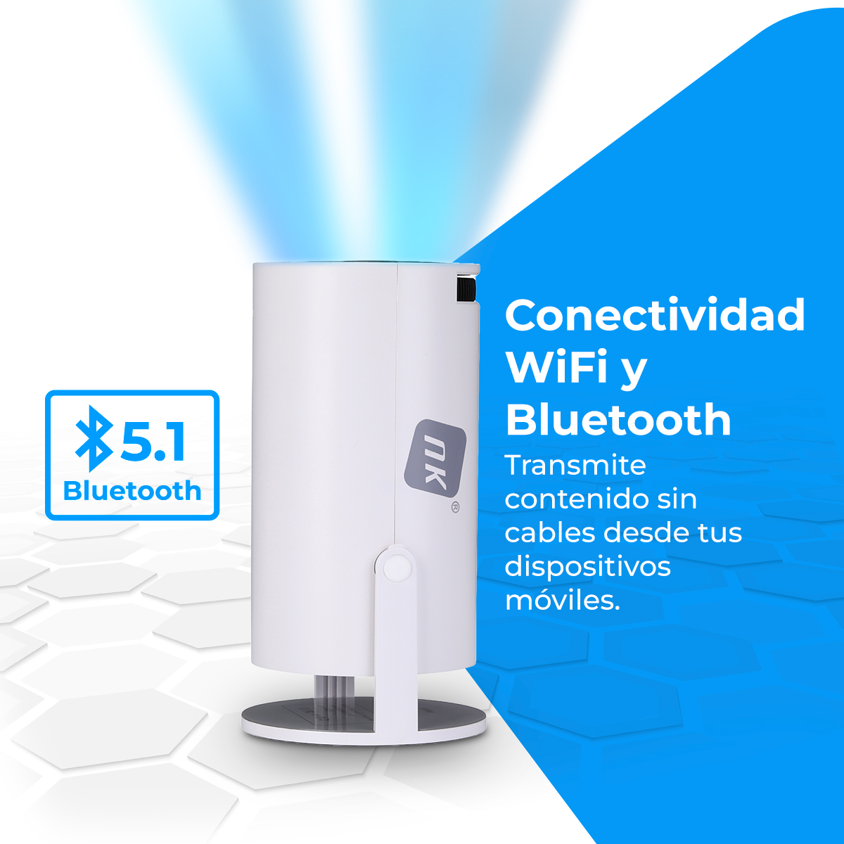 Un altavoz Bluetooth blanco con un haz de luz azul que emana hacia arriba.