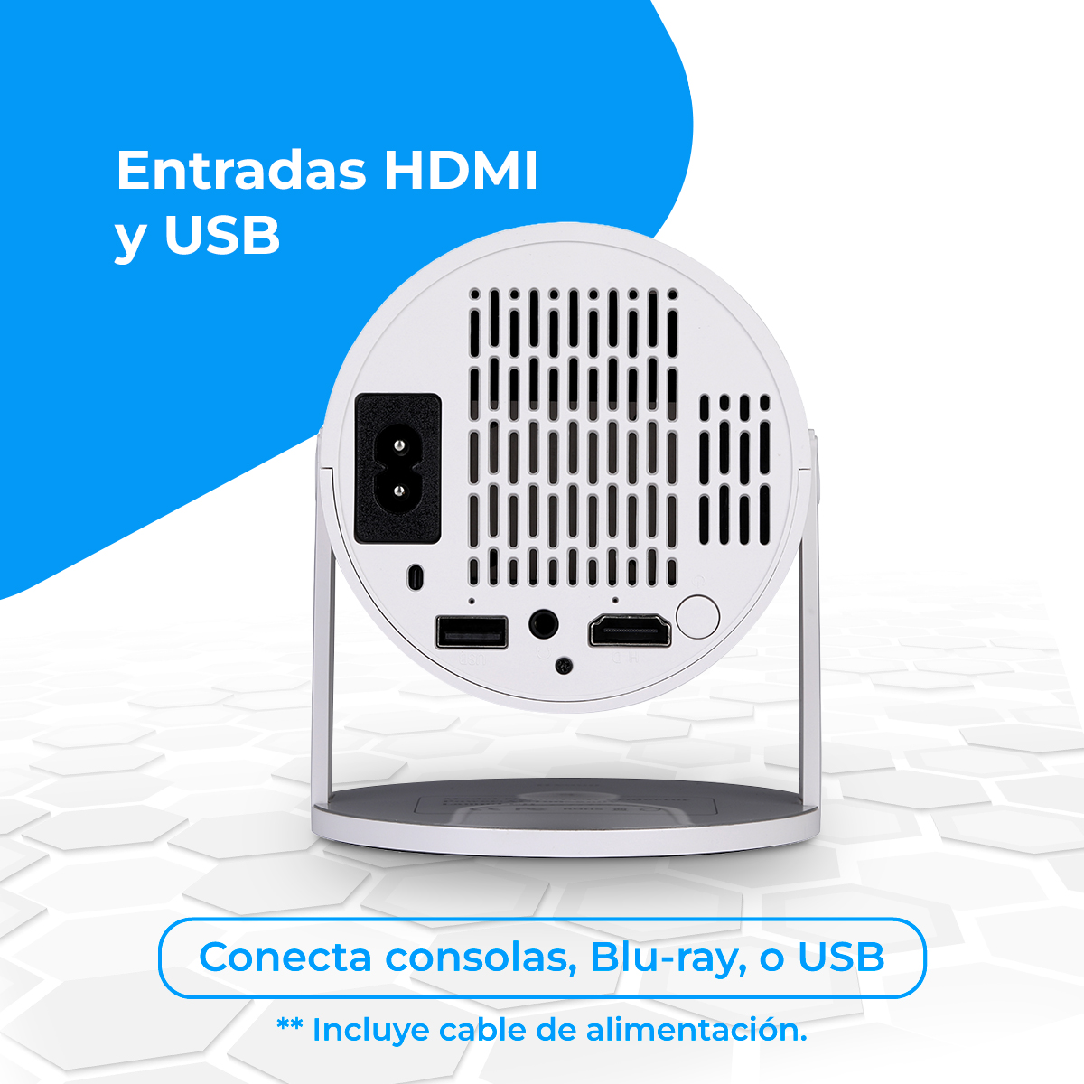 Vista posterior de proyector blanco con puertos HDMI, USB y entrada de corriente.