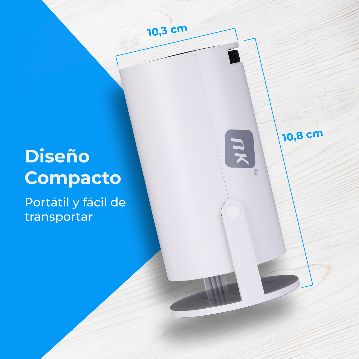 Dispositivo blanco, compacto y portátil de 10,3x10,8 cm.
