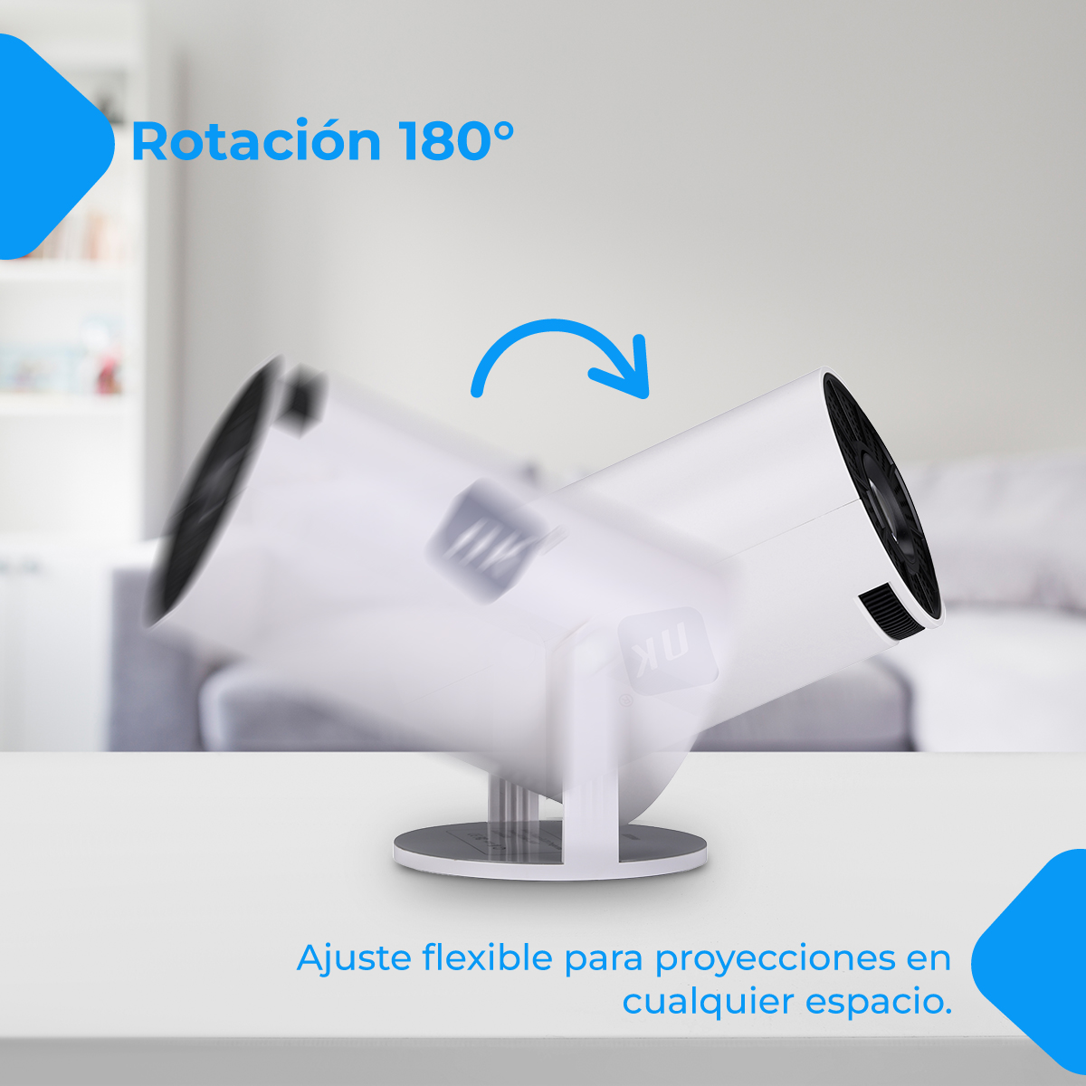 Un proyector blanco rota 180 grados sobre una mesa. Ángulo flexible.