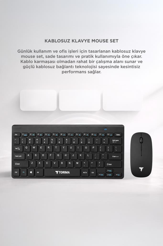 Siyah kablosuz klavye ve fare seti, fare üzerinde Torima logosu bulunur.
