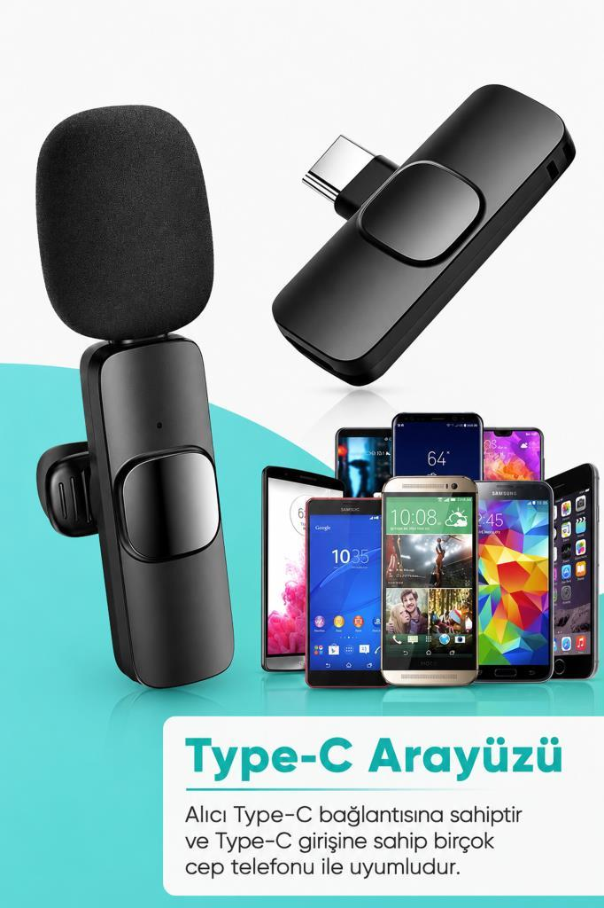 Rüzgarlık, Type-C adaptörlü ve akıllı telefonlu siyah mikrofon.