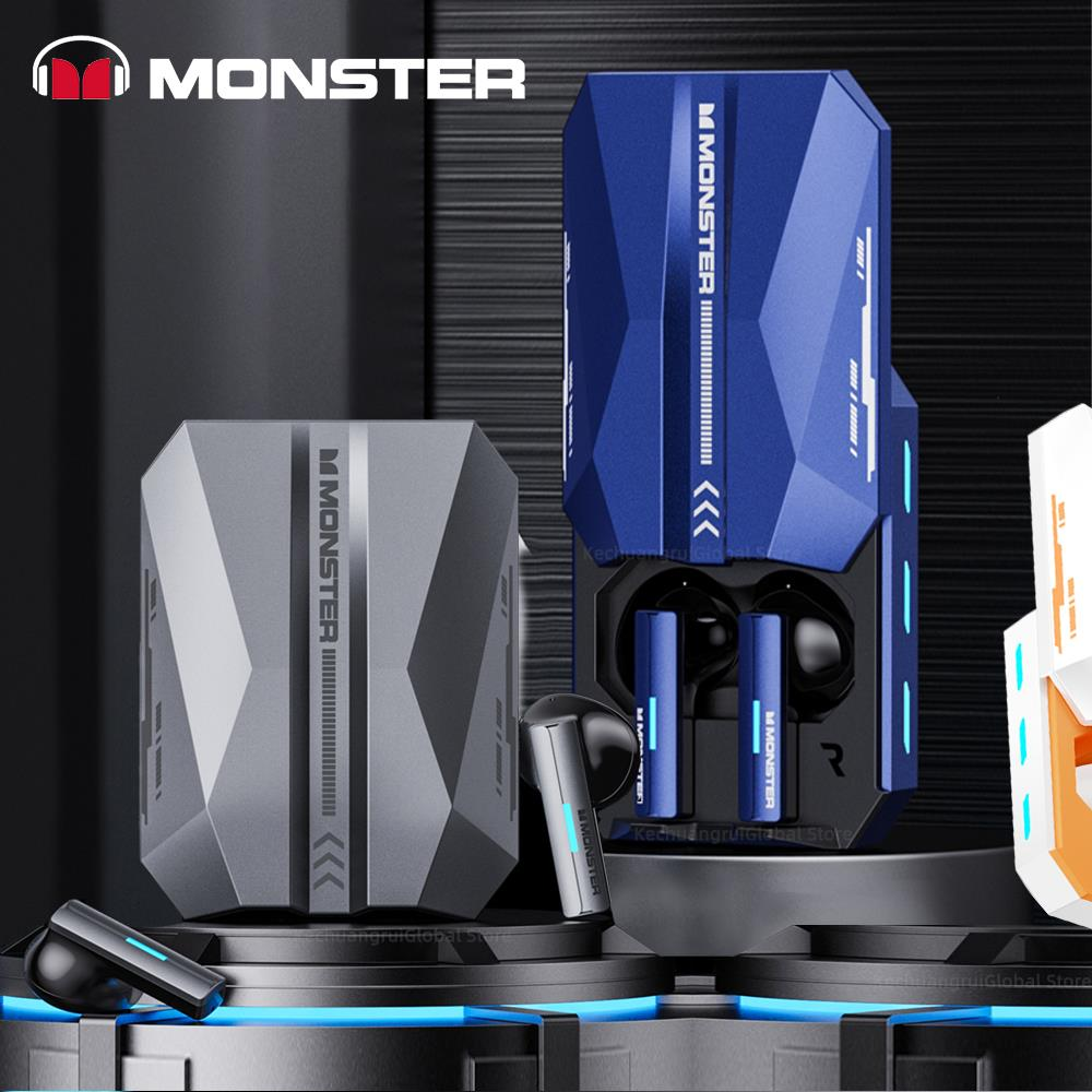 Koyu arka plan üzerinde kulaklıkları olan gri ve mavi Monster kulaklık şarj kutuları.