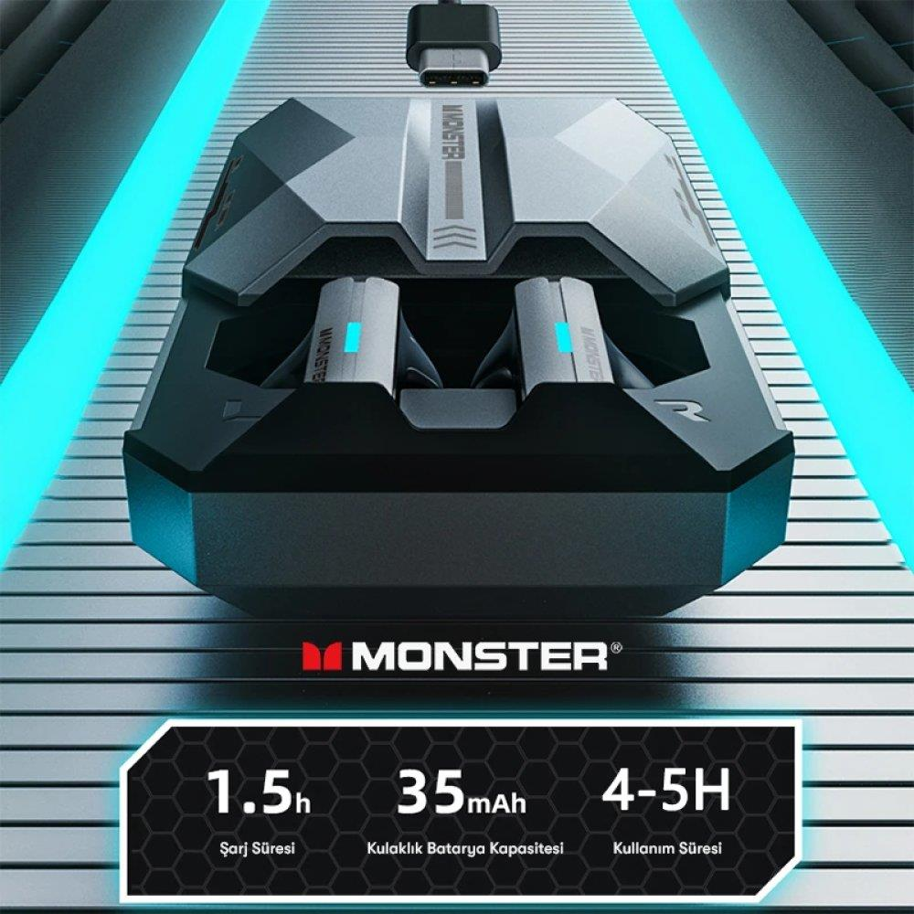 Monster kulaklık şarj kutusu, iki kulaklık, USB-C kablosu, neon ışıklar.