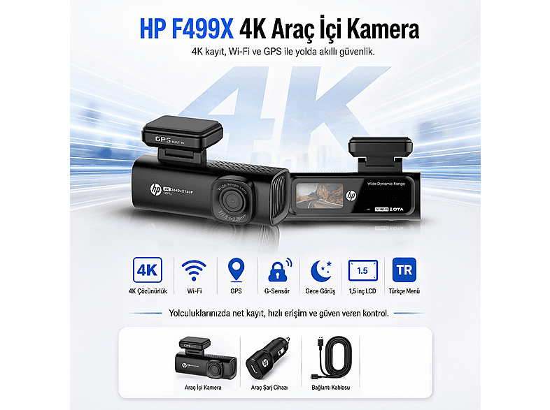 HP F499x 4K Lcd Ekran Wi-fi Araç İçi Kamera Fiyat & Özellik