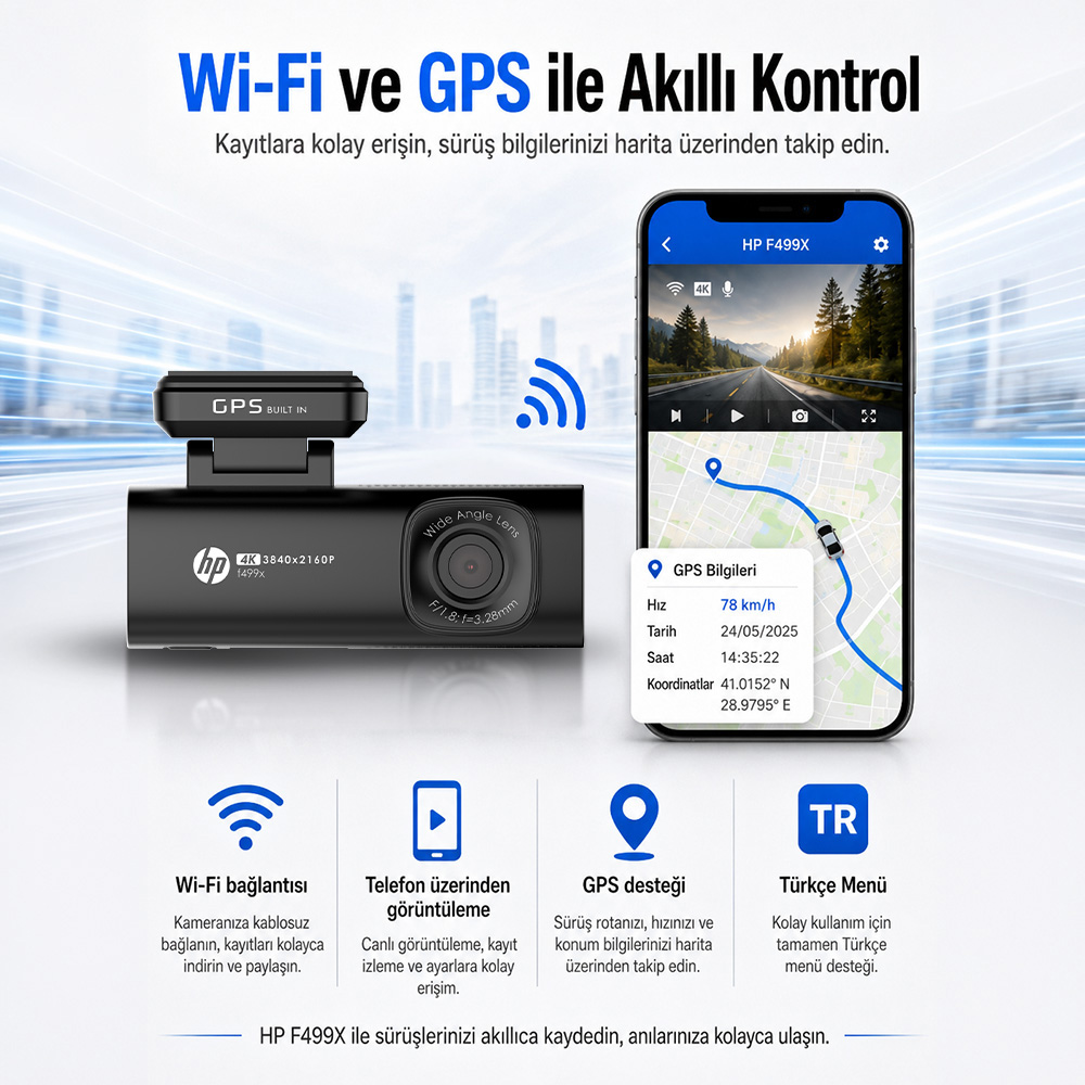 GPS'li araç ön kamera ve sürüşü gösteren akıllı telefon.