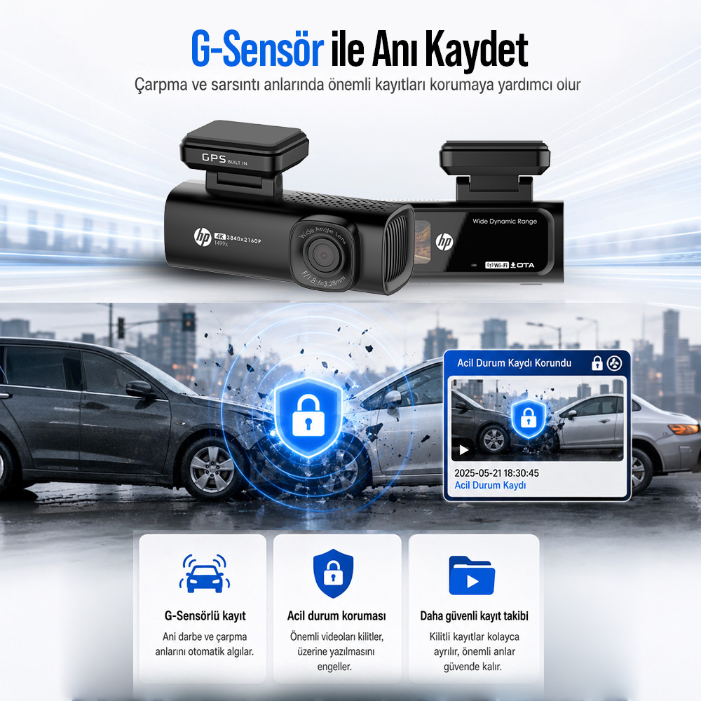 İki araç kamerası kazayı gösteriyor. G-sensör kaydı güvence altına alınıyor.
