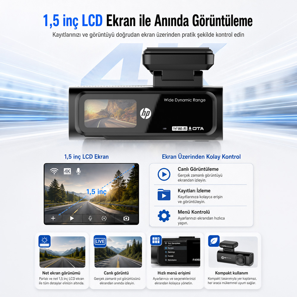 1,5 inç LCD ekranlı, Wi-Fi'li, canlı izleme, menü kontrolü özellikli araç kamerası.