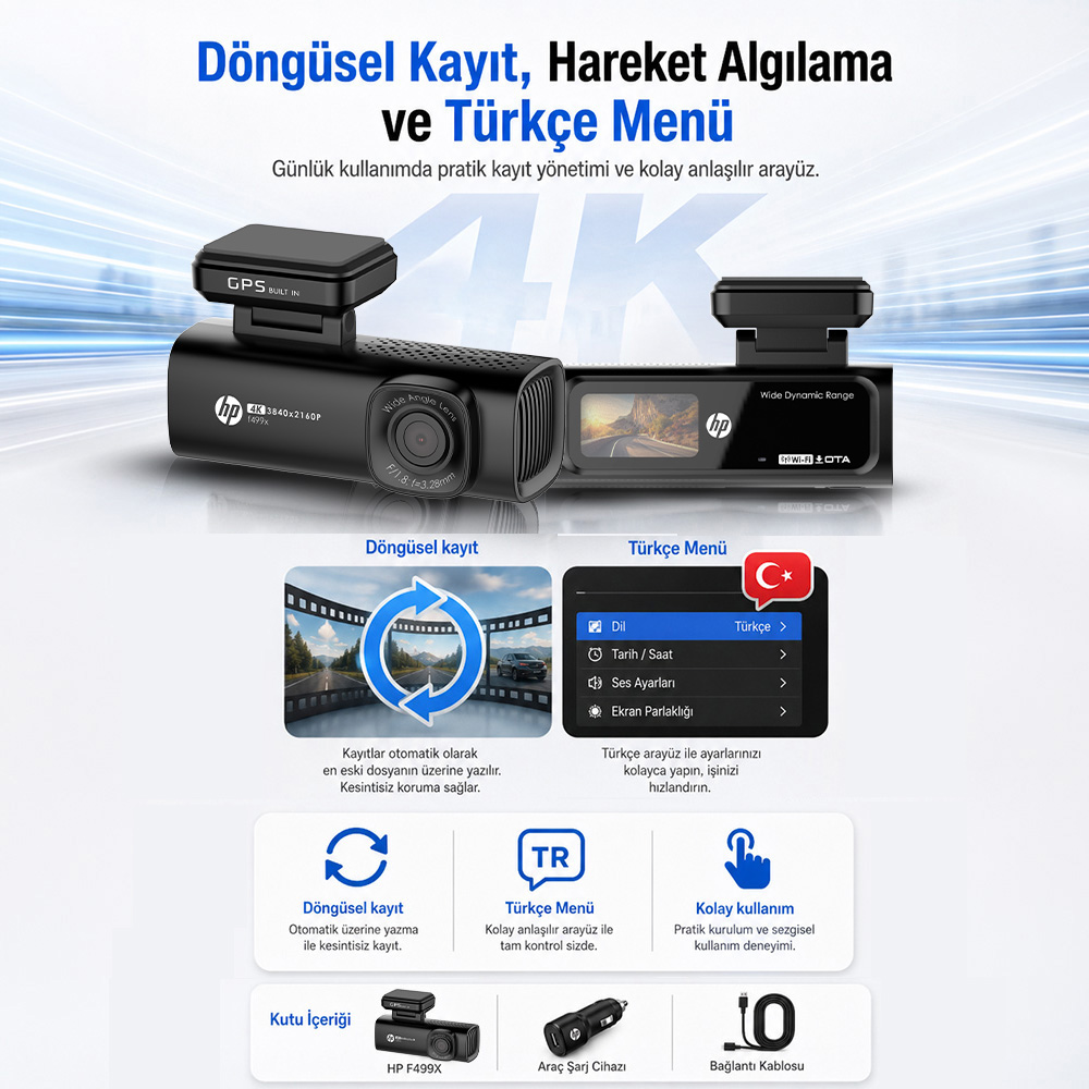 GPS'li, Wi-Fi'li ve Türkçe menülü siyah 4K araç kamerası.
