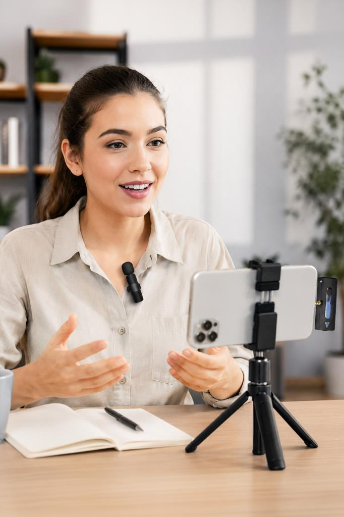 Bir kadın masasında oturuyor, tripod üzerindeki akıllı telefona konuşuyor.