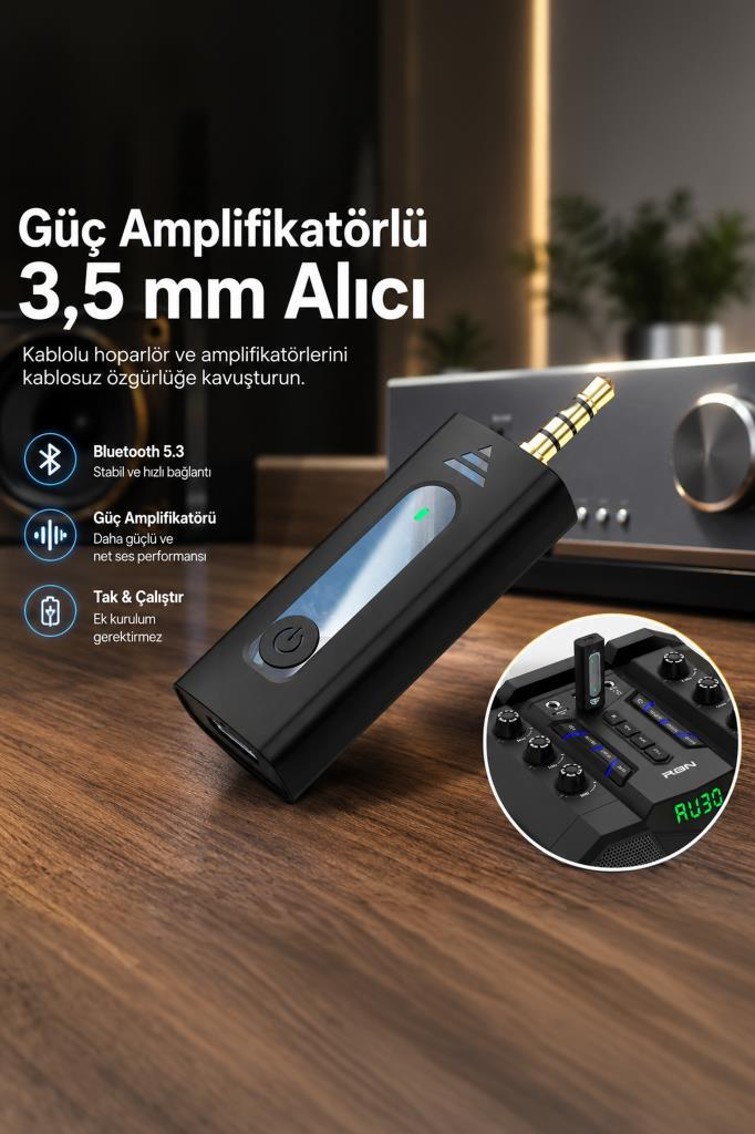 Bluetooth 5.3 ve amplifikatörlü siyah 3,5 mm ses alıcısı. Yakın çekim.
