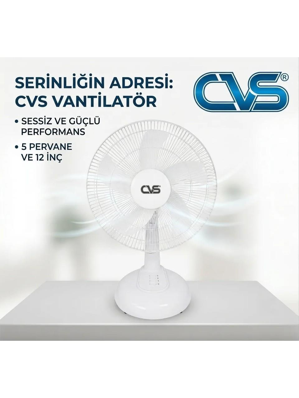 5 pervaneli, 12 inçlik beyaz CVS marka vantilatör.