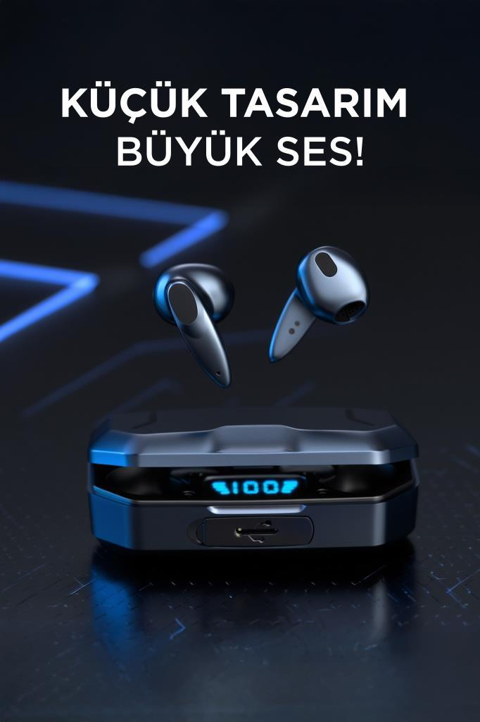 Şarj kutusu %100 gösteren ve mavi ışıklı kablosuz kulaklıklar.