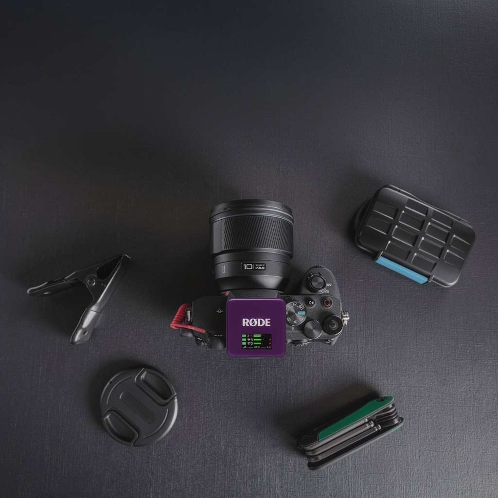 Fotocamera con obiettivo, microfono RODE viola, clip, tappo lente, custodia, multi-tool.