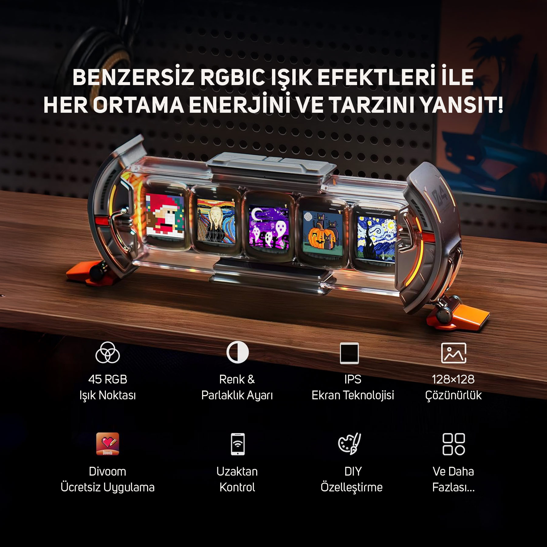 Ahşap bir masa üzerinde sergilenen RGBIC ışık efektli fütüristik cihaz.
