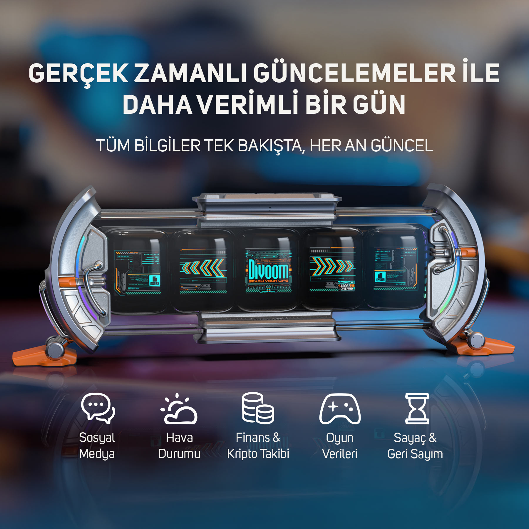Sosyal medya, hava durumu, finans, oyun ve zamanlayıcı ekranlı fütüristik cihaz.