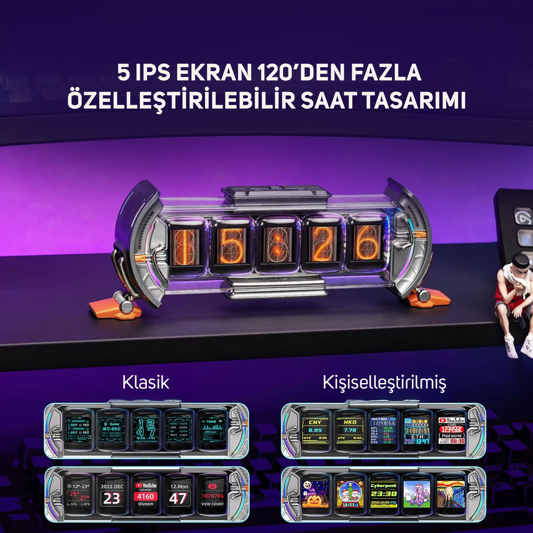 5 IPS ekrana sahip dijital saat 18:26 gösteriyor, yanında iki ekran modülü var.