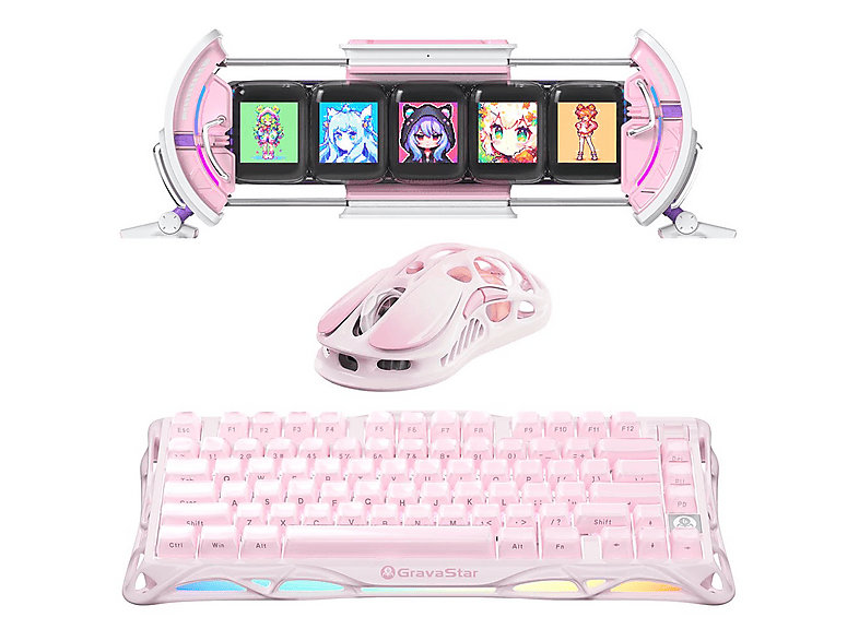 GRAVASTAR K1 Mekanik Gaming M1 Pro Optik ve Dijital Resim Çerçevesi Kablosuz Klavye ve Mouse Seti Pembe