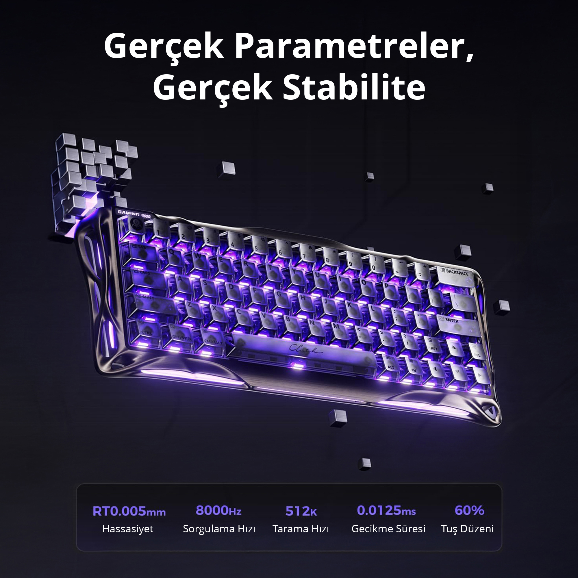 Metal tabanlı, yüzen küplerli, mor aydınlatmalı bir oyuncu klavyesi.